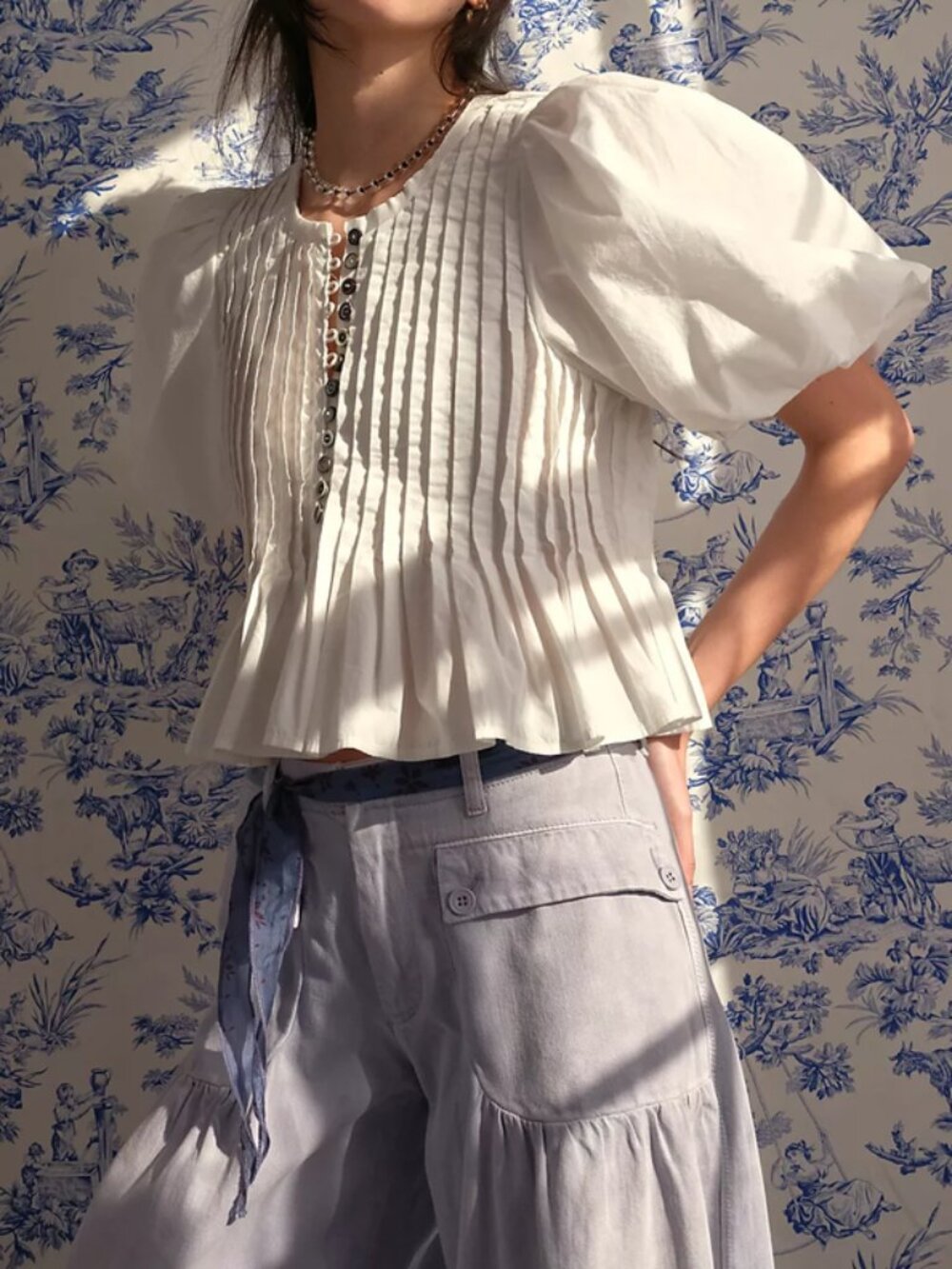 Free People FP One Devon Top Button Puff Sleeve Pleated Ivory New M